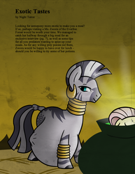 Size: 850x1100 | Tagged: safe, artist:irateliterate, fluttershy, zecora, zebra, series:the vorist magazine, g4, belly, belly bumps, cauldron, cooked alive, cooking, evil enchantress, female, fetish, looking at you, magazine, sweat, text, vore, willing prey, willing vore, zecorapred