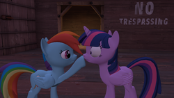 Size: 1024x576 | Tagged: safe, artist:xx-chanour, rainbow dash, twilight sparkle, alicorn, pony, g4, 3d, boop, eye contact, female, frown, gmod, lesbian, mare, nose wrinkle, ship:twidash, shipping, smiling, twilight sparkle (alicorn), wide eyes