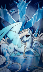 Size: 600x1000 | Tagged: safe, artist:probablyfakeblonde, alicorn, dragon, pony, colored wings, crossover, elsa, female, frozen (movie), gradient wings, hoof shoes, ice, looking at you, mare, marshmallow (character), ponified, solo, spread wings, throne, wings