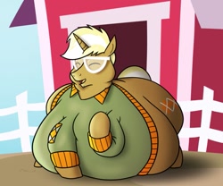 Size: 979x816 | Tagged: dead source, safe, artist:irateliterate, trenderhoof, g4, bhm, clothes, eyes closed, fat, glasses, obese, smiling, solo, sweater, trenderbutt, tubbyhoof
