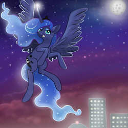 Size: 1000x1000 | Tagged: safe, artist:confetticakez, princess luna, alicorn, pony, g4, female, flying, full moon, grin, looking at you, manehattan, mare, moon, night, smiling, solo, spread wings, turned head, wings