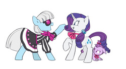 Size: 1276x700 | Tagged: safe, artist:carnifex, photo finish, rarity, oc, oc:lavender, dracony, hybrid, g4, bow, hair bow, interspecies offspring, mama rarity, offspring, parent:rarity, parent:spike, parents:sparity, simple background, white background
