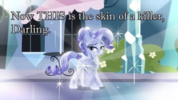 Size: 1280x720 | Tagged: safe, edit, edited screencap, screencap, rarity, g4, the crystal empire, alternate hairstyle, bedroom eyes, caption, catty, crystal rarity, crystallized, female, grin, image macro, meme, shaming, skin of a killer, solo, twilight (series)