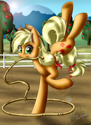 Size: 1700x2338 | Tagged: safe, artist:artyjoyful, applejack, g4, balancing, female, fence, lasso, looking at you, mouth hold, rope, solo, tree