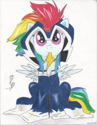 Size: 787x1016 | Tagged: safe, artist:rockinbrony, rainbow dash, zapp, g4, clothes, cute, dashabetes, female, oversized clothes, power ponies, solo, traditional art