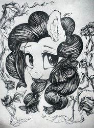 Size: 1746x2366 | Tagged: safe, artist:nightingshy, pinkie pie, g4, bust, ear fluff, female, flower, grayscale, monochrome, solo, traditional art