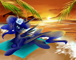 Size: 2000x1600 | Tagged: safe, artist:moeru789, princess luna, g4, beach, female, flower, flower in hair, prone, solo, sunset