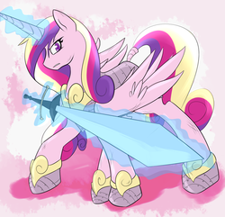 Size: 1369x1322 | Tagged: safe, artist:blackswhites, princess cadance, g4, armor, badass, female, magic, obari pose, solo, sword, telekinesis, warrior cadance, weapon