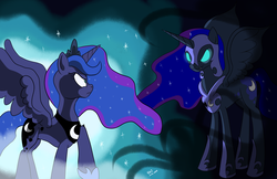 Size: 5100x3300 | Tagged: safe, artist:naivewolfjosh, nightmare moon, princess luna, g4, absurd resolution, duality, glowing eyes