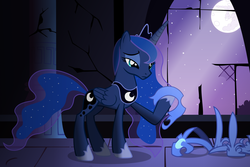 Size: 1600x1067 | Tagged: safe, artist:tyro-mlp, princess luna, alicorn, pony, g4, armor, castle of the royal pony sisters, female, mare, mare in the moon, moon, moonlight, nightmare moon armor, solo, stars