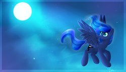 Size: 3500x2000 | Tagged: safe, artist:snowsky-s, princess luna, alicorn, pony, g4, cute, female, flying, full moon, high res, lunabetes, mare, moon, night, night sky, sky, solo, stars