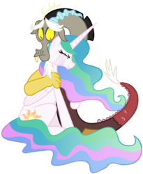 Size: 1710x2088 | Tagged: dead source, safe, artist:poikahorse, discord, princess celestia, g4, comforting, crying, female, hug, male, sad, ship:dislestia, shipping, straight