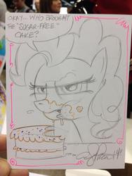 Size: 852x1136 | Tagged: safe, artist:andy price, pinkie pie, g4, angry, cake, eating, food, frown, glare, irl, looking at you, messy, messy eating, open mouth, solo, sugar free, sugar-free, traditional art, unamused