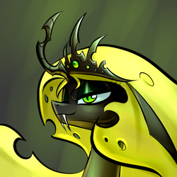 Size: 800x800 | Tagged: safe, artist:underpable, queen chrysalis, g4, bedroom eyes, cheese, cheese hat, fangs, female, hat, queen swissalis, smirk, solo, yellow changeling