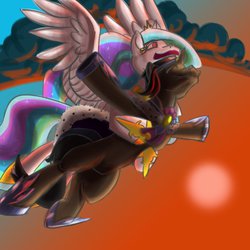 Size: 894x894 | Tagged: safe, artist:verba-feathersmith, king sombra, princess celestia, g4, female, flying, good king sombra, male, ship:celestibra, shipping, straight, sunset