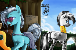 Size: 1500x1000 | Tagged: safe, artist:madhotaru, doctor horse, doctor stable, screw loose, zecora, earth pony, pony, zebra, g4, butt, clothes, female, glasses, looking back, mare, neck rings, open mouth, plot, rear view