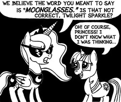 Size: 642x540 | Tagged: safe, artist:samueleallen, princess luna, twilight sparkle, g4, lineart, monochrome, sunglasses