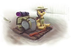 Size: 1600x1057 | Tagged: safe, artist:drul, daring do, tom, g4, backpack, binoculars, raft