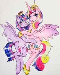 Size: 599x747 | Tagged: safe, artist:divided-s, princess cadance, twilight sparkle, alicorn, pony, g4, both cutie marks, duo, duo female, female, mare, new crown, sisters-in-law, traditional art, twilight sparkle (alicorn)