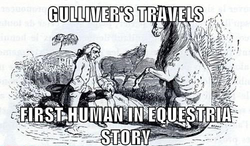 Size: 500x291 | Tagged: safe, horse, human, crossover, grayscale, gulliver's travels, houyhnhnm, human in equestria, image macro, meme, monochrome