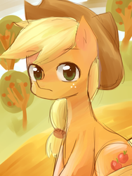 Size: 600x800 | Tagged: safe, artist:gyaheung, applejack, earth pony, pony, g4, female, looking at you, sitting, solo, tree