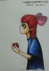 Size: 640x918 | Tagged: safe, artist:msg, apple bloom, human, g4, apple, asylum, chinese, crying, female, humanized, pixiv, solo, traditional art