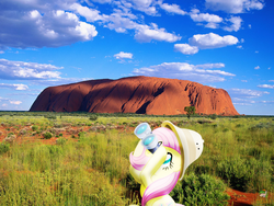 Size: 1600x1200 | Tagged: safe, artist:dantesgrill, artist:ojhat, fluttershy, g4, australia, ayers rock, binoculars, cap, hat, irl, looking up, mlp in australia, photo, ponies in real life, shadow, solo