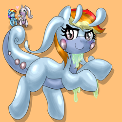 Size: 2000x2000 | Tagged: safe, artist:wonton soup, rainbow dash, goodra, hybrid, g4, crossover, explicit source, female, high res, interspecies, interspecies offspring, lesbian, magical lesbian spawn, offspring, parent:goodra, parent:rainbow dash, pixiv, pokémon, ponymon hybrid, wat