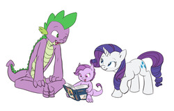 Size: 1330x850 | Tagged: safe, artist:carnifex, daring do, rarity, spike, oc, oc:lavender, dracony, hybrid, g4, book, cute, eye contact, female, grin, interspecies offspring, male, offspring, older, older spike, parent:rarity, parent:spike, parents:sparity, reading, ship:sparity, shipping, simple background, smiling, story included, straight, white background, wink