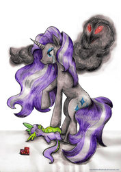 Size: 751x1063 | Tagged: safe, artist:witchbehindthebush, nightmare rarity, spike, g4, abuse, crying, fire ruby, implied death, nightmare grayity, sad, spikeabuse, traditional art