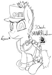Size: 655x943 | Tagged: safe, artist:magical disaster, pony, 30 minute art challenge, badass, chains, crossover, hat, jojo's bizarre adventure, jotaro kujo, looking at you, military uniform, monochrome, pinpoint eyes, ponified, solo