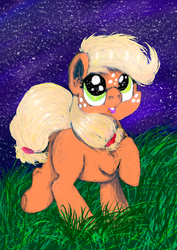 Size: 362x512 | Tagged: safe, artist:ostatem, applejack, g4, female, filly, grass, looking up, night, raised hoof, solo, younger