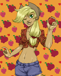 Size: 1440x1800 | Tagged: safe, artist:dante-and-pizza, applejack, human, g4, apple, female, food, humanized, midriff, one eye closed, solo, wink
