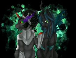 Size: 1304x1000 | Tagged: safe, artist:cnat, king sombra, queen chrysalis, changeling, changeling queen, pony, unicorn, g4, couple, female, male, ship:chrysombra, shipping, straight, tsundere