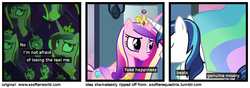 Size: 1200x420 | Tagged: safe, princess cadance, queen chrysalis, shining armor, g4, a softer world, comic, female, male, ship:shining chrysalis, shipping, straight