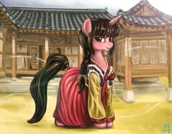 Size: 2004x1552 | Tagged: safe, artist:mrs1989, oc, oc only, oc:nuna cherishlove, pony, unicorn, braid, building, clothes, dress, hanbok, korean, looking at you, outdoors, smiling, solo, tail wrap, wind