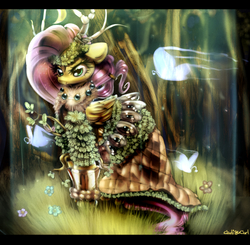 Size: 1801x1763 | Tagged: safe, artist:carligercarl, fluttershy, butterfly, g4, armor, clothes, dress, female, floppy ears, forest, glare, grass, horns, nature, scenery, solo, warcraft