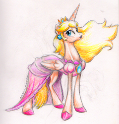 Size: 875x913 | Tagged: safe, artist:benrusk, alicorn, pony, clothes, dress, nintendo, ponified, princess peach, puffy sleeves, solo, super mario bros., traditional art