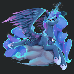 Size: 2500x2500 | Tagged: safe, artist:santagiera, princess luna, alicorn, pony, g4, cloud, cute, female, glowing horn, high res, horn, jewelry, lunabetes, lying, magic, mare, prone, regalia, simple background, smiling, solo, spread wings, wings