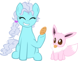 Size: 1224x961 | Tagged: safe, artist:ludiculouspegasus, screw loose, earth pony, eevee, pony, g4, cookie, duo, female, mare, pokémon, ponytail, simple background, transparent background