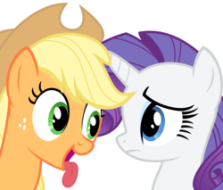 Size: 6000x5100 | Tagged: safe, artist:magister39, applejack, rarity, earth pony, pony, unicorn, g4, absurd resolution, eye contact, eyes on the prize, female, frown, implied licking, mare, open mouth, silly, silly pony, simple background, smiling, tongue out, transparent background, who's a silly pony, worried