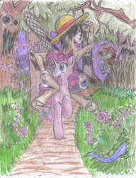 Size: 1262x1644 | Tagged: safe, artist:semijuggalo, pinkie pie, zecora, earth pony, pony, zebra, g4, crossover, duo, everfree forest, humans riding ponies, monkey d. luffy, one piece, riding, traditional art