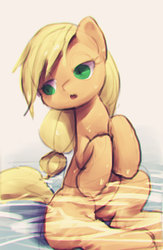 Size: 386x593 | Tagged: dead source, safe, artist:frali, applejack, earth pony, pony, g4, female, missing accessory, solo, water, wet, wet mane