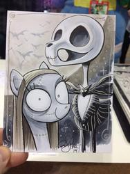 Size: 768x1024 | Tagged: safe, artist:andypriceart, andy you magnificent bastard, jack skellington, monochrome, ponified, sally skellington, the nightmare before christmas, traditional art