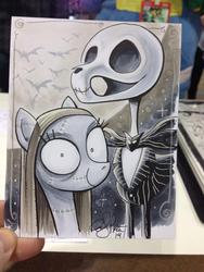 Size: 768x1024 | Tagged: safe, artist:andy price, andy you magnificent bastard, jack skellington, monochrome, ponified, sally skellington, the nightmare before christmas, traditional art