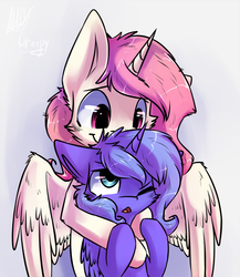 Size: 1157x1336 | Tagged: safe, artist:suplolnope, princess celestia, princess luna, g4, :o, cewestia, cheek fluff, cute, filly, floppy ears, fluffy, hug, messy mane, open mouth, s1 luna, smiling, sweet dreams fuel, wing fluff, wink, woona, younger