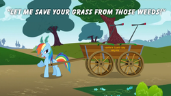 Size: 960x540 | Tagged: safe, rainbow dash, g4, the mysterious mare do well, female, lawn mower, solo, wagon