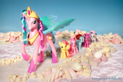 Size: 1024x683 | Tagged: safe, fluttershy, pinkie pie, princess celestia, rainbow dash, rarity, twilight sparkle, g4, blue wings, brushable, colored wings, electronic toy, female, follow the leader, irl, mane six, marshmallow, photo, pinklestia, toy, wings