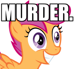 Size: 900x839 | Tagged: safe, artist:erginho, scootaloo, g4, female, grin, image macro, meme, murder, one word, simple background, smiling, solo, squee, transparent background, wide eyes