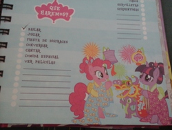 Size: 2048x1536 | Tagged: safe, pinkie pie, spike, twilight sparkle, dragon, g4, agenda, book, chinese, clothes, diary, happy new year, journal, kimono (clothing), merchandise, spanish